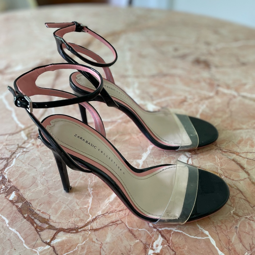 Zara black and clear patent leather strappy sandal heel size 37